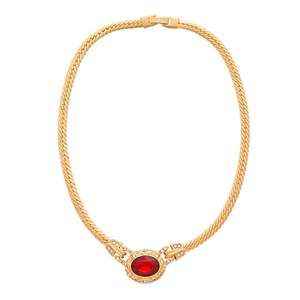 Vintage gold necklace with oval red gemstone and crystal rhinestones on woven chain