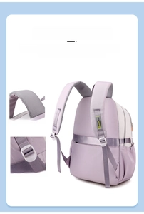 Detail of widened breathable mesh straps and trolley sleeve on purple school backpack