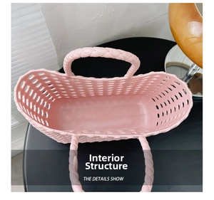 Internal structure of pink woven beach bag showing spacious mesh storage space