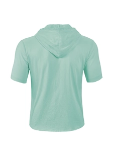 Detail view showing back texture of light green linen breathable hooded short sleeve shirt