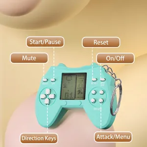 Mini mint green handheld Tetris game console keychain with LCD screen and classic buttons