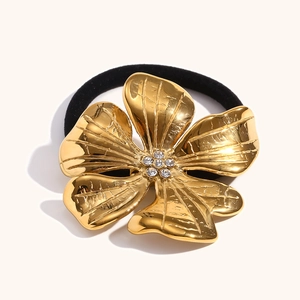 Élastique Cheveux Acier Inoxydable Plaqué Or 18K Fleur Avec Strass Attache Queue De Cheval Vintage Haut De Gamme Femme