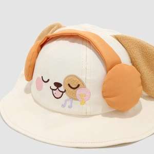 Kids bucket hat featuring cartoon embroidery and orange headphones with long plush ears