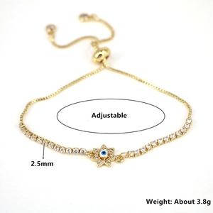 Adjustable gold heart bracelet with 2.5mm evil eye star pendant and crystals
