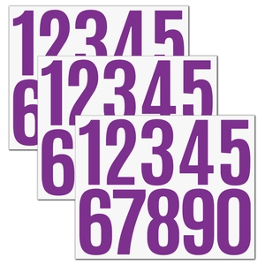 Close-up of 3-inch purple vinyl number stickers 0-9 for mailbox and bin organization