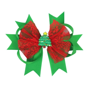 Christmas bow hair clip for girls with green ribbon and small resin tree ornament