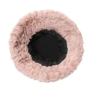 Detail view of pink plush bucket hat showing fluffy texture and black fabric lining