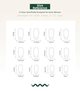 Detailed size reference chart for 12 sizes of long ballet press-on nails in millimeters