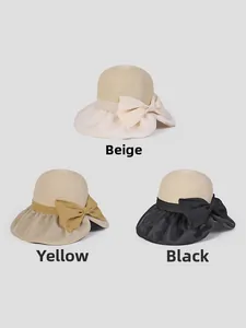 Eleganti cappelli da sole con grandi fiocchi in beige, giallo e nero per donna estate