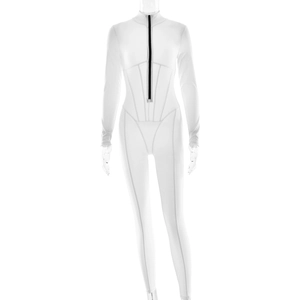 Sexy white long sleeve bodycon bodysuit with black front zipper for women