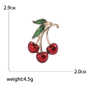 Red enamel cherry brooch in gold finish, 2.9cm height by 2.0cm width accessory