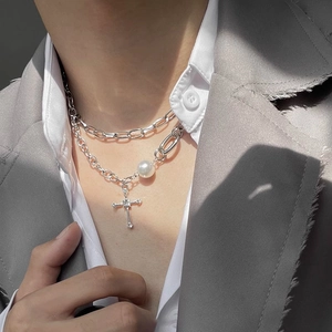 Double layered silver necklace featuring a cross pendant and pearls for men