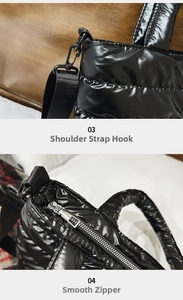 Detail of the metal strap hook and smooth zipper on the shiny black padded bag