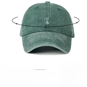 Green washed cotton baseball cap with palm tree embroidery and head measurement guide