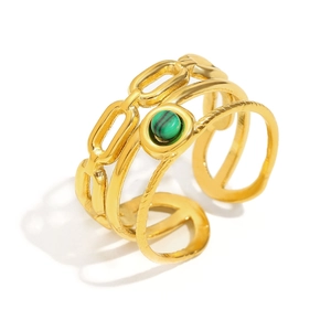 Three-layer 18K gold plated stainless steel open ring with green malachite gemstone