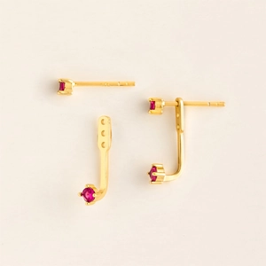 Elegant gold-plated S925 silver stud earrings featuring round red birthstone accents