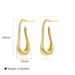 Polished 18k gold plated hollow U-shaped drop earrings with size 34mm x 15mm dimensions