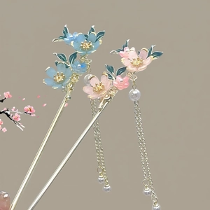 Vintage Chinese Hair Stick Floral Enamel With Artificial Pearl Tassel Alloy Hairpin Hanfu Hair Accessories Women Retro Elegant