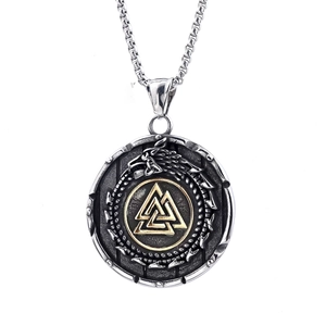 Vintage silver Viking Ouroboros pendant with a golden Valknut symbol on white background