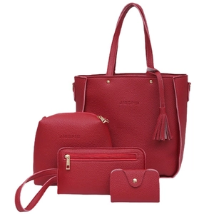 Red 4-piece tote bag set with litchi texture including handbag and matching purse