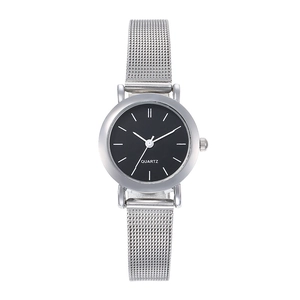 Minimalist women's quartz watch with black dial and silver mesh stainless steel band