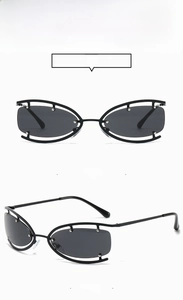 Detail view of Y2K oval sunglasses with cutout frames in front and 45-degree angle shots