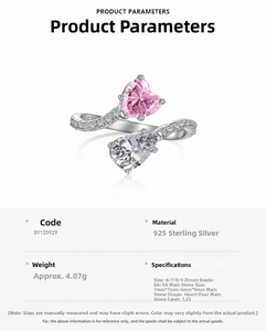 Detail of 925 sterling silver ring showing pink heart and pear cut 8A zircon dimensions