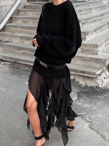 Maillard style black knit sweater with asymmetric lace stitching and ruffle chiffon skirt