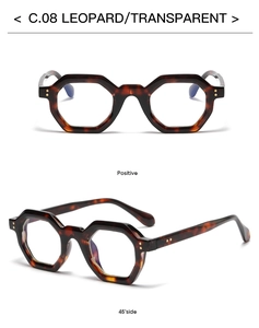 Macro detail of leopard print hexagonal frames with metal rivets and transparent base