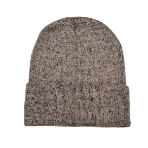 Close-up of winter knitted beanie featuring brown grey marl ribbing and folded cuff