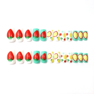 Medium square press-on nails with strawberry, lemon, and flower designs in a 24-piece set