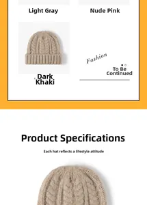 Detailed cable knit texture of winter beanies in light grey, pink and khaki colors