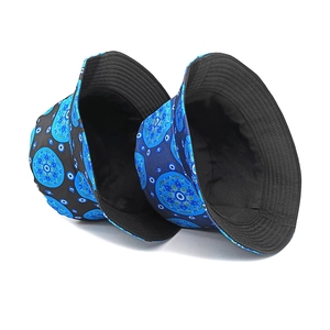 Fashionable bucket hats with geometric mandala print in black and navy blue colors