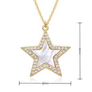 Detail of 30mm gold star pendant featuring white mother-of-pearl and micro-set zircon crystals