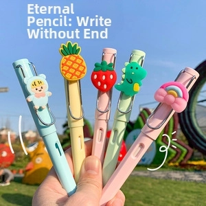 Macro view of macaron colored inkless eternal pencils with cute cartoon rubber charms