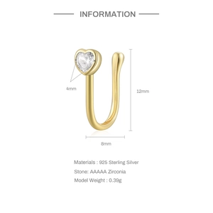 S925 sterling silver gold nose cuff detail with 4mm heart-shaped zircon stone