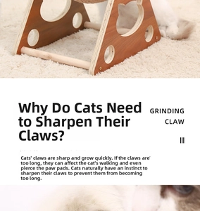 Detail view of the triangular solid wood cat scratcher featuring hollow cat-head cutouts