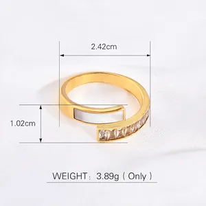 Golden 18k titanium steel open ring with white shell inlay and zircon crystals