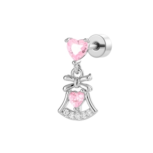 Elegant silver cartilage stud featuring a pink heart stone and butterfly tassel pendant