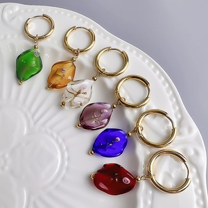 Retro 18K gold stainless steel earrings with colorful glass flower pendants in six colors