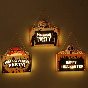 Halloween LED Luminous Hanging Sign Wood Pumpkin Ghost Mummy Atmosphere Door Wall Hanging Battery Operated Decor