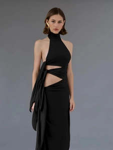 Sexy black halter neck maxi dress with side cut-out and lace-up knot details for women