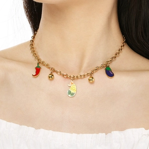 Collana Pendente Frutta Verdura Acciaio Inossidabile Placcato Oro 18K Smalto Perla Zircone Gioielli Per Donne Stile Pastorale