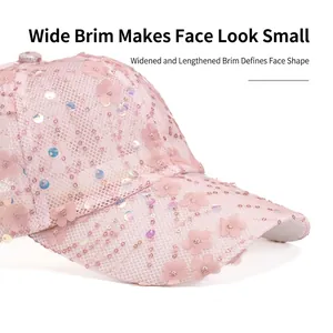 Pink breathable mesh baseball cap with floral lace appliques and shiny sequins