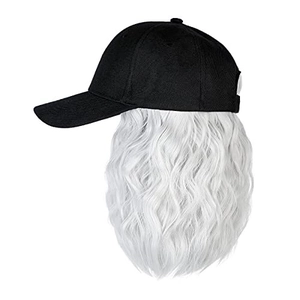 Side view detail of black baseball cap with curly white synthetic hair extension
