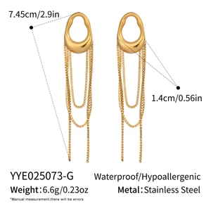 Detailed size specifications for gold geometric tassel earrings in stainless steel