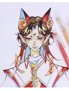 Close-up of artistic anime sketch with vibrant colored gel pens and fine drawing details