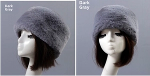 Detail view of thick dark grey faux fur winter hat showing side and front fitting on a mannequin