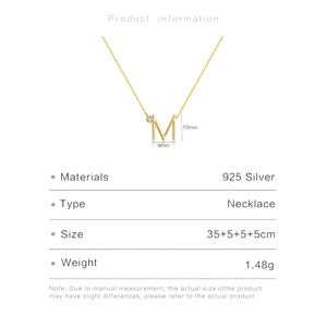 Infographic of golden S925 silver 'M' pendant necklace with small diamond and dimensions