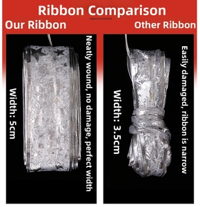 Comparison showing 5cm vs 3.5cm wide silver ribbon with musical notes and stars pattern